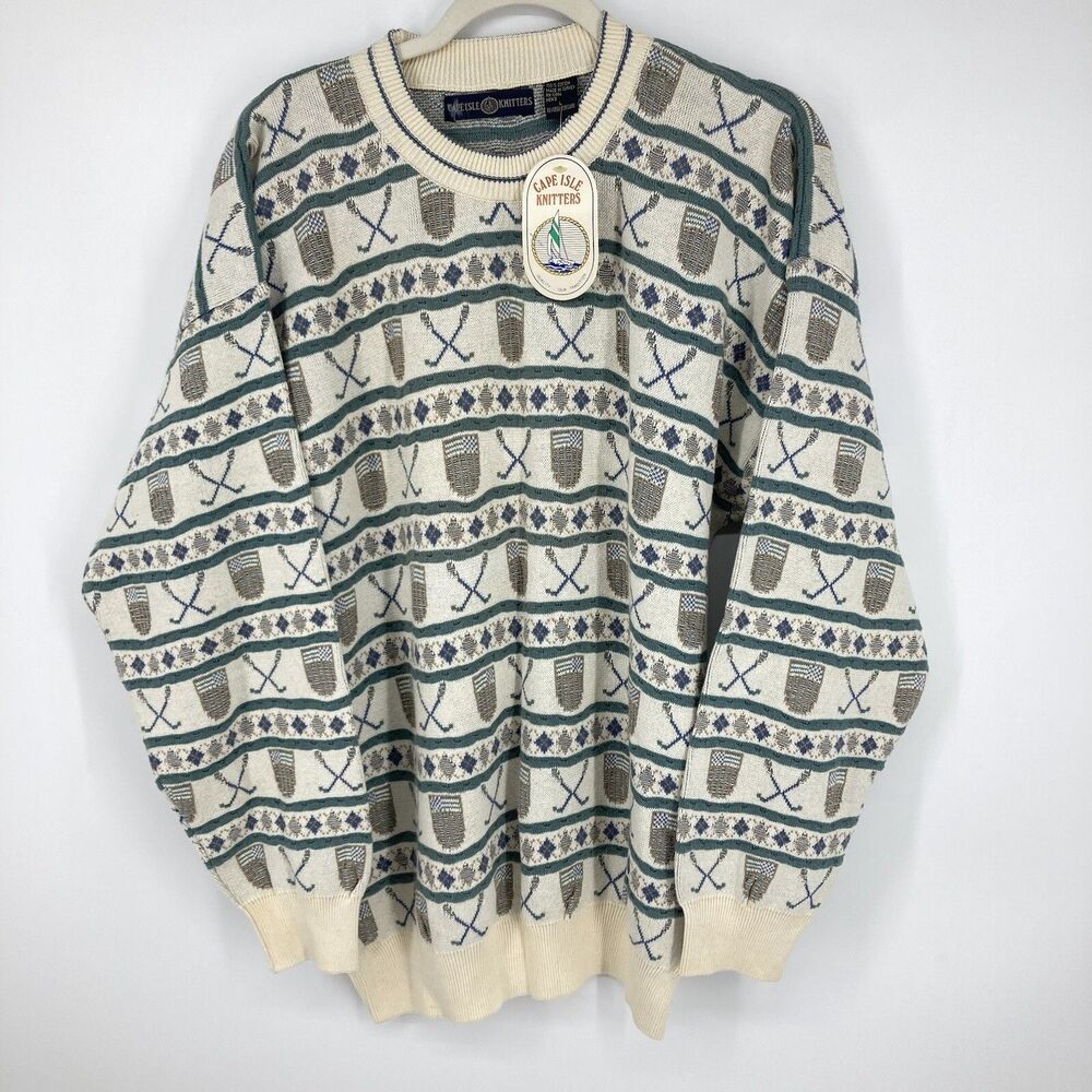 Cape Isle Knitters Mens L Crewneck Sweater Golf Argyle Striped 100% Cotton Cream